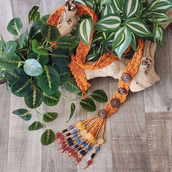 Boho Beaded Belt in Orange with Coconut Button Closures And Acrylic Bead Accents - Picture 3 of 9